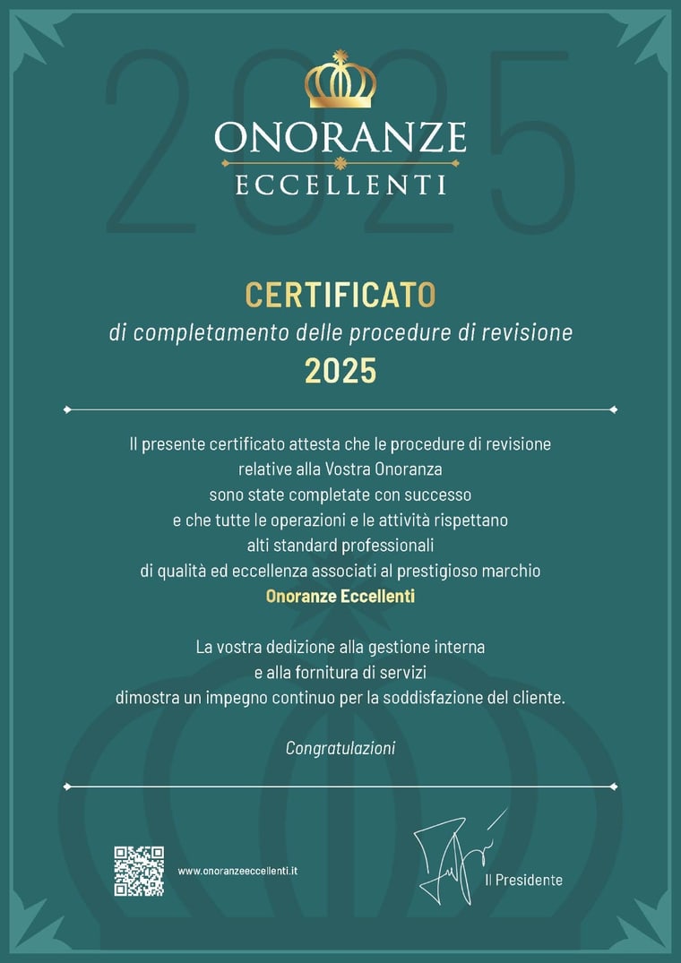 Certificato di completamento delle procedure di revisione 2025 del marchio Onoranze Eccellenti